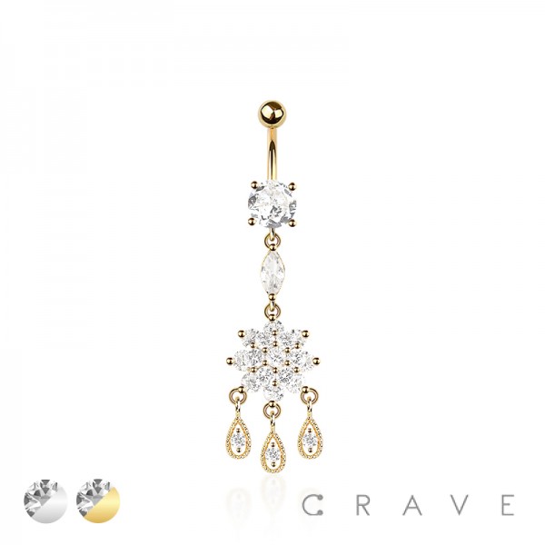 316L SURGICAL STEEL MULTI CZ FLOWER DROPLETS DANGLE BELLY BUTTON NAVEL RING 